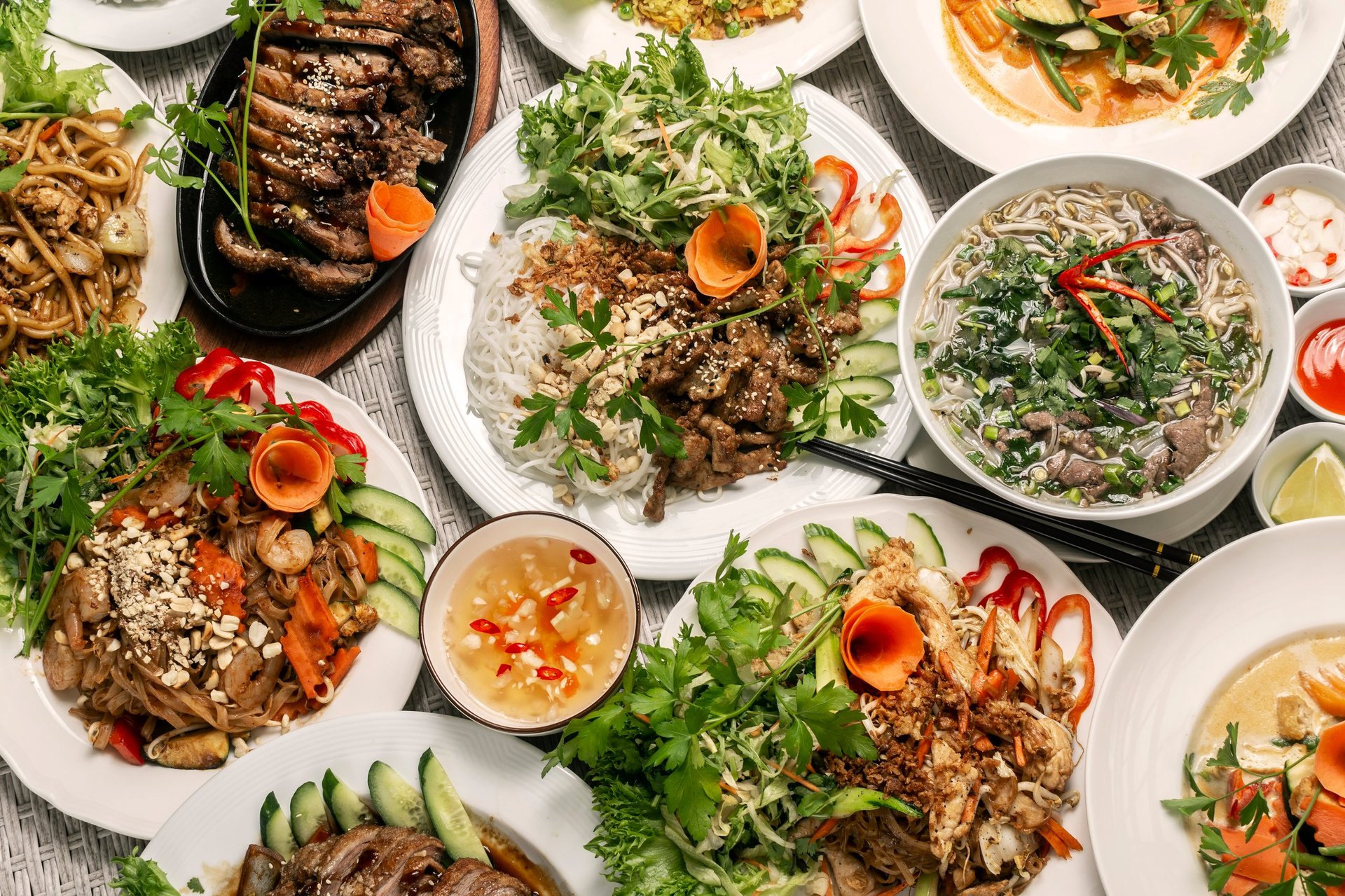Assortment of traditional Vietnamese food dishes