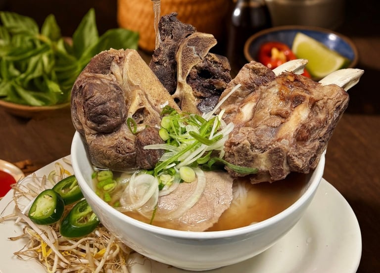 Bowl of Asian soup with chunks of beef, green onions, and sliced peppers, served with herbs and condiments on the side