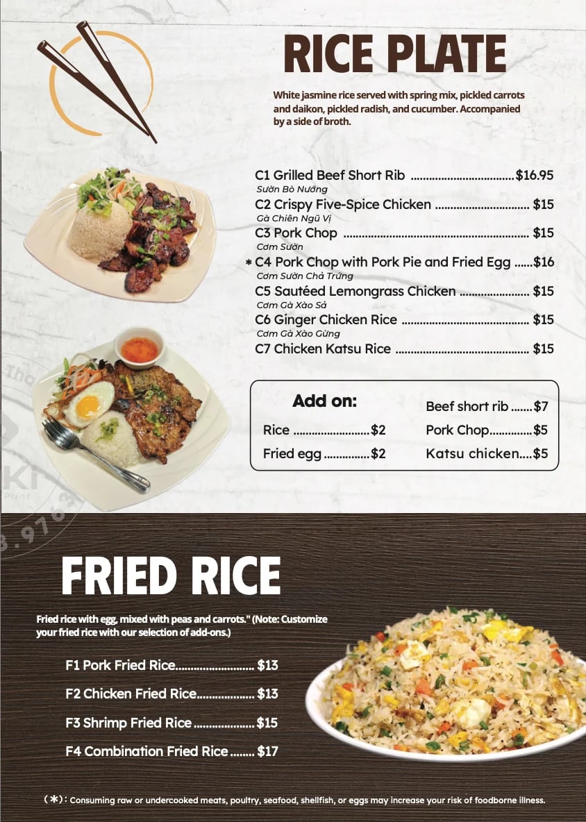 Asian restaurant menu page showing Rice Plate and Fried Rice dishes with prices and food photos