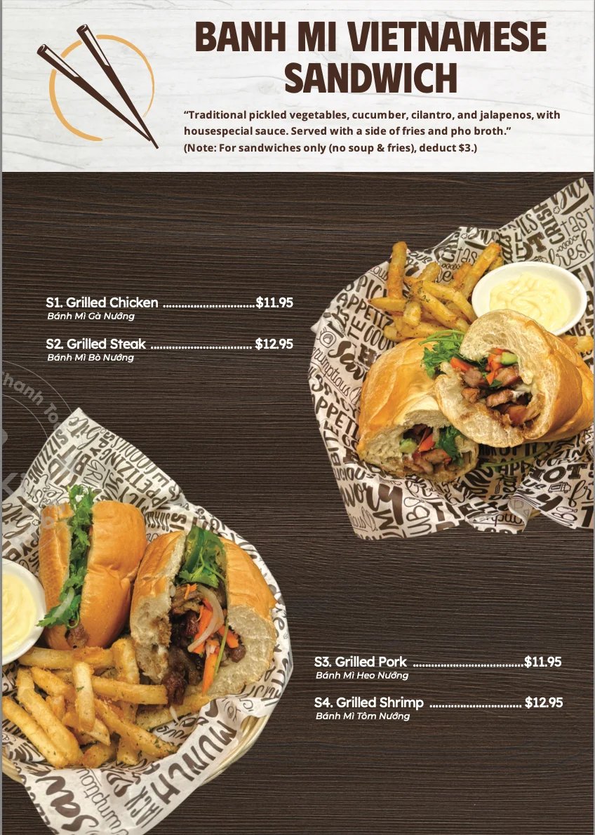 Menu showing Banh Mi Vietnamese Sandwich options with grilled chicken, steak, pork, and shrimp, priced $11.95-$12.95, with photos of prepared sandwiches and fries