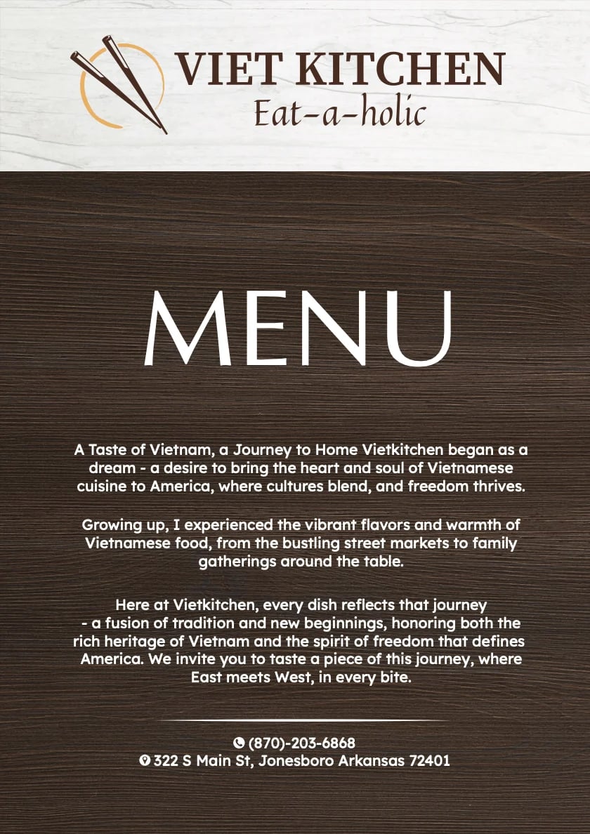 Viet Kitchen Eat-a-holic menu cover with chopsticks logo and restaurant mission statement on dark wood background