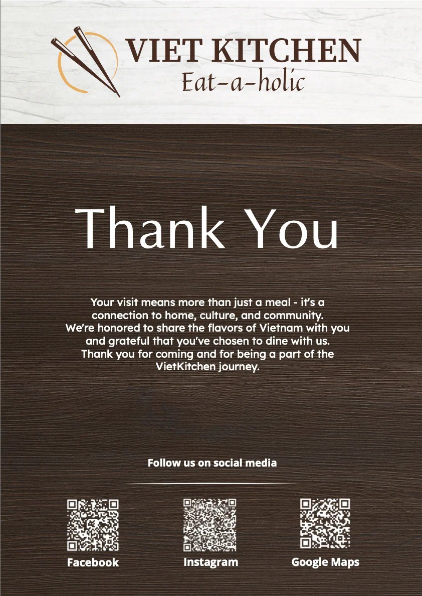 Viet Kitchen restaurant thank you card with chopsticks logo and social media QR codes for Facebook, Instagram, and Google Maps