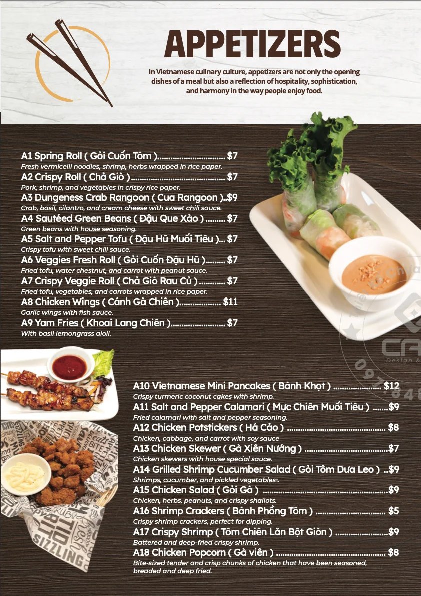 Vietnamese appetizers menu featuring spring rolls, crispy rolls, crab rangoon, chicken wings, and other Asian starter dishes with prices