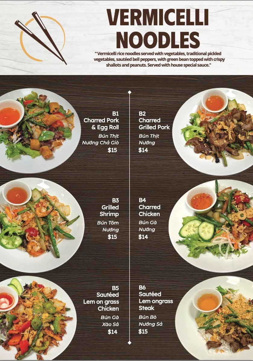 Menu displaying six vermicelli noodle dishes with prices, featuring charred pork, grilled pork, grilled shrimp, charred chicken, sauteed lemongrass chicken, and sauteed lemongrass steak