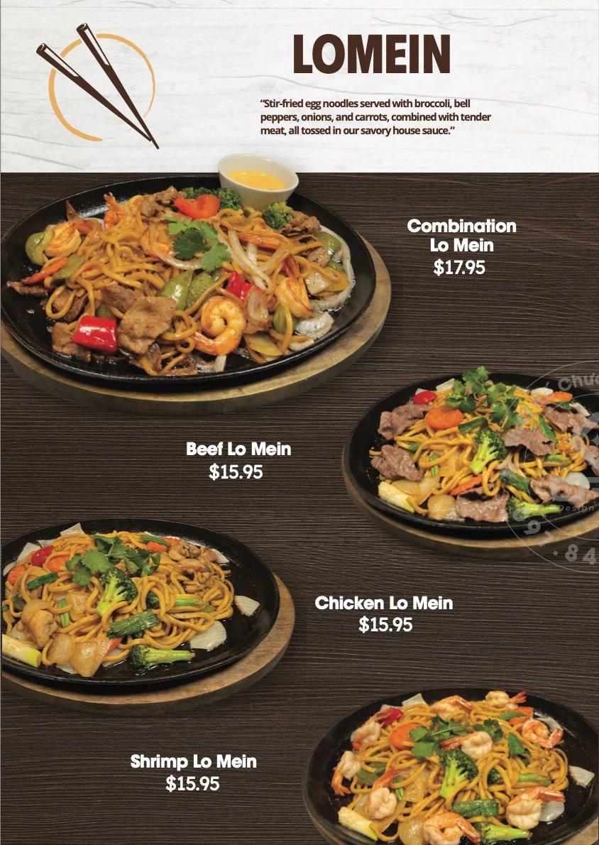 Menu page displaying Lo Mein dishes with photos of four noodle entrees priced at $15.95, plus a Combination Lo Mein at $17.95