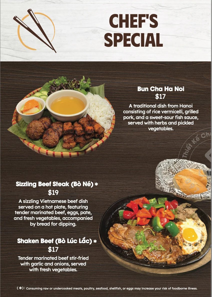 Chefs Special menu featuring Vietnamese dishes: Bun Cha Ha Noi, Sizzling Beef Steak, and Shaken Beef with prices and descriptions
