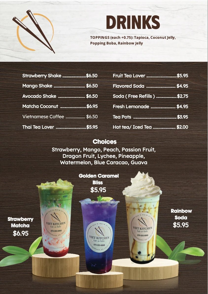 Drinks menu featuring shakes, teas, and specialty beverages with prices and colorful drink photos displayed on wooden platforms