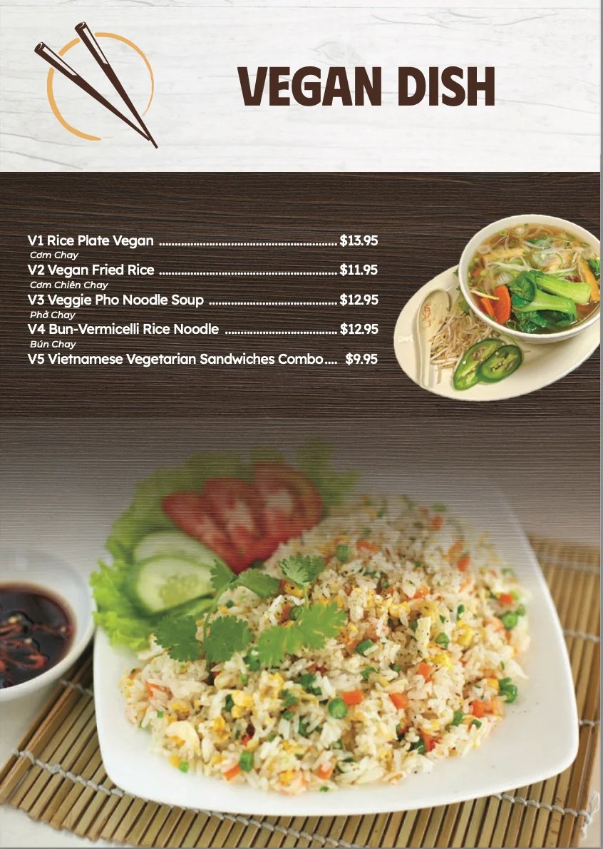 Vegan dish menu showing rice, noodle, and sandwich options with photos of fried rice and noodle soup dishes
