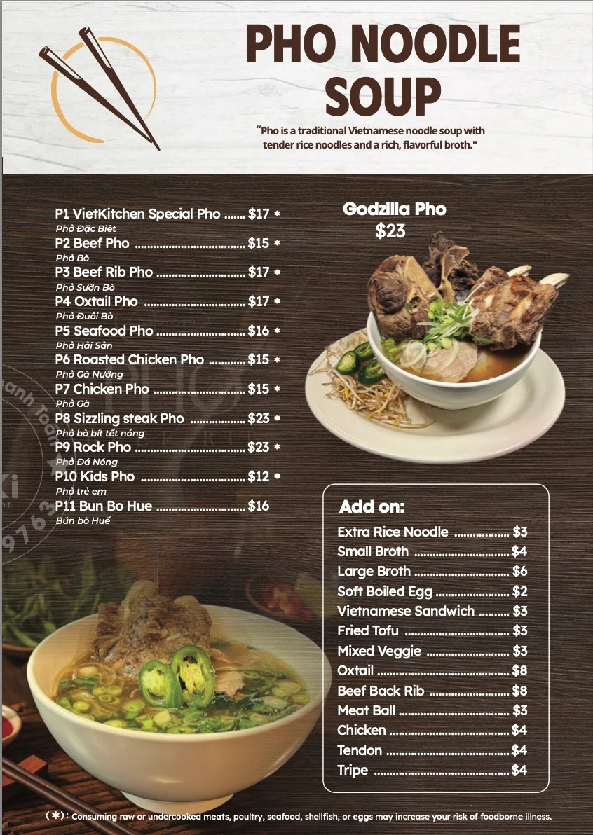 Pho Noodle Soup menu featuring traditional Vietnamese dishes with prices, including P1 VietKitchen Special Pho for $17 and Godzilla Pho for $23, plus add-on options